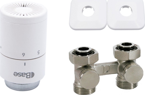 Vario Term installationssats BASE „Typ V” två-rör, enkel version GZ 3/4” / GW 3/4”, termostatgrepp BASE (gänga M30x1,5), utan reduktionsnipplar, anslutningsavstånd 50 mm | VVS Artiklar - Ventiler - Radiatorventiler | GameStuff