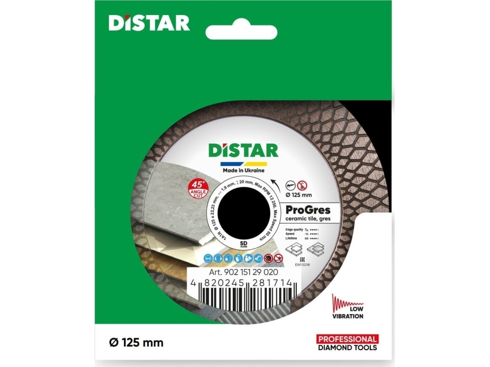DISTAR PROGRES plytelių 45 laipsnių pjovimo ir šlifavimo diskas plytelėms 125 mm x 22.23 mm