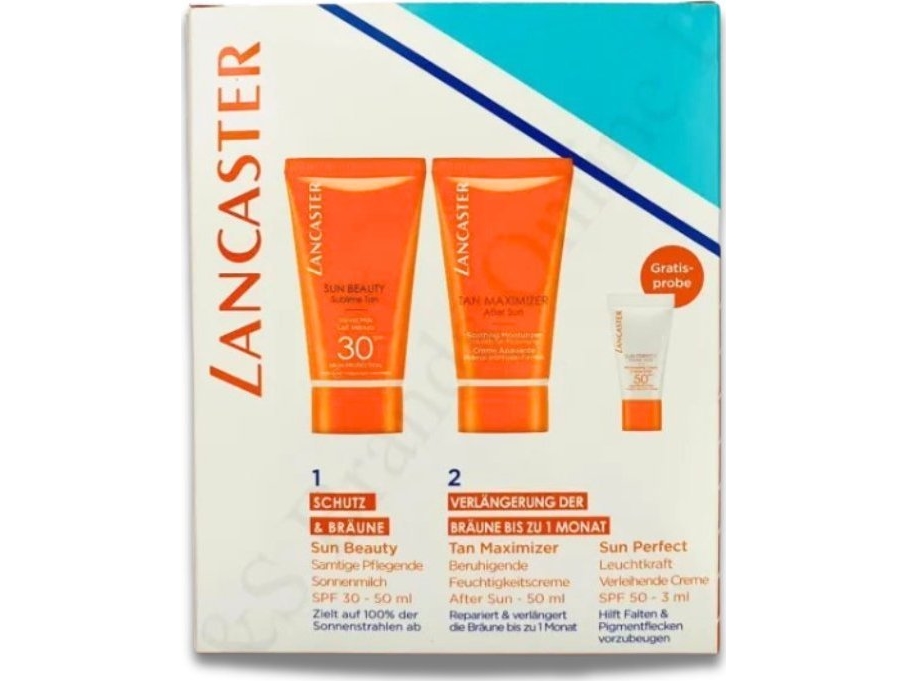 Lancaster Get The Golden Tan! Set : Golden Tan Maximizer, Buriti Oil, Anti-Wrinkle, After-Sun Serum, 3 ml + Golden Tan Maximizer, Hydrating And Soothing, After-Sun Lotion, 50 ml + Sun Beauty, UV Protection, Sunscreen Lotion, SPF 30, 50 ml Unisex