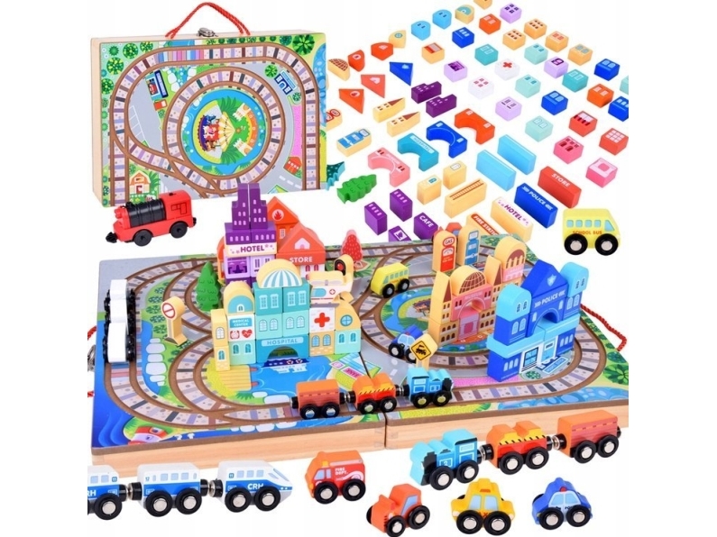 Tog af træ med byggeklodser Byg en by + togkuffert 89 ZA5374