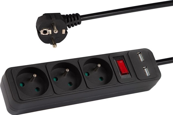 98-775# Forlængerkabel Pr-370Wsp/Usb 3-Socket+Usb Grounded+Switch 3M Sort 3X1,5Mm