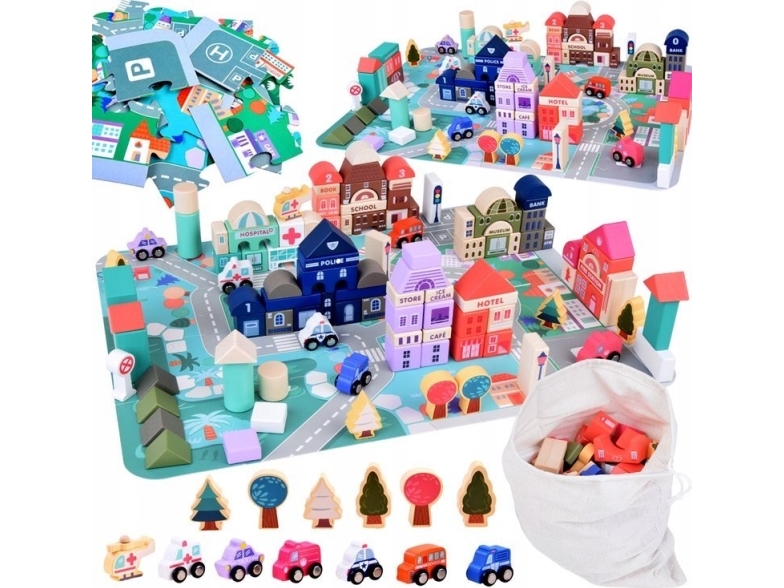 Pastelfarvede byklodser i træ + puslespilsmåtte 115 ele ZA5373