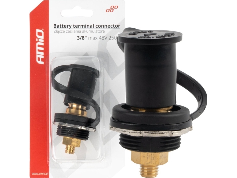 Juoda neigiamo poliaus akumuliatoriaus maitinimo jungtis su dangteliu 3/8 M10 12/24/48V 250A, AMIO-03813