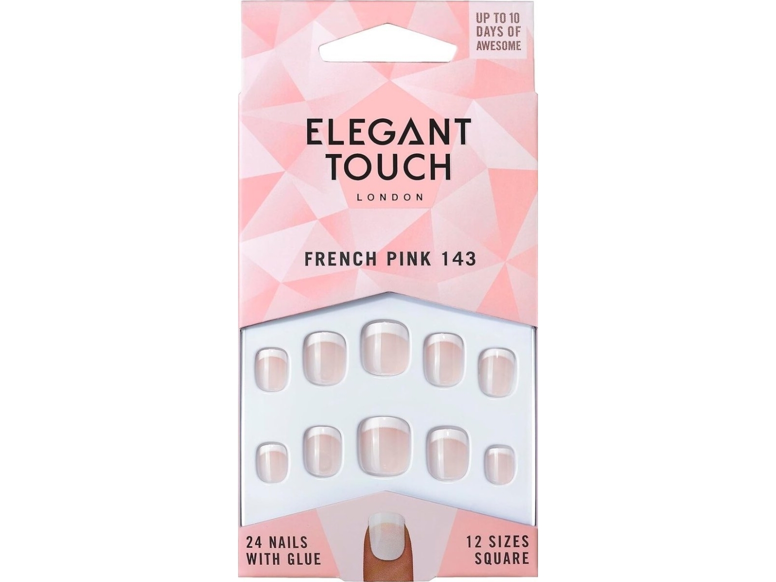 Elegant Touch Set, Elegant Touch, Natural French, Square, Artificial Nails, Pink, 143, Petite (Xs), 24 Pcs For Women