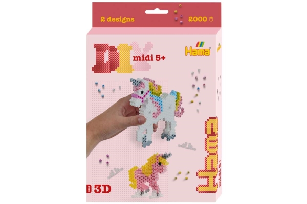 Hama Midi Perler - Diy 3d Enhjørning Sæt Inkl. 2.000 Perler - 3454