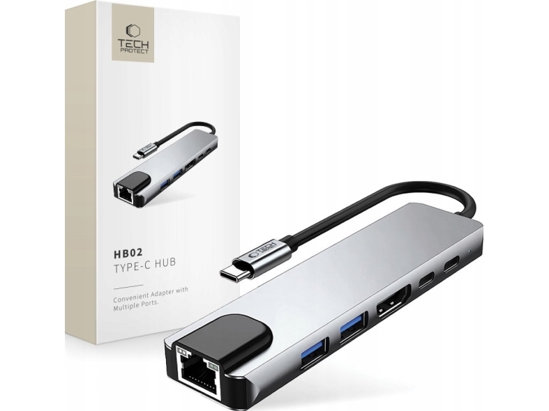 Tech-Protect Hb02 Hub-Adapter 6In1 Type-C + Usb2.0 + Usb3.0 + Hdmi 4K 30Hz + Rj45 + Pd100w Space Grey