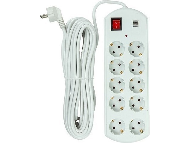 Šakotuvas EXD Buitinis ilgiklis 10m, 10 lizdų, 2x USB, su jungikliu
