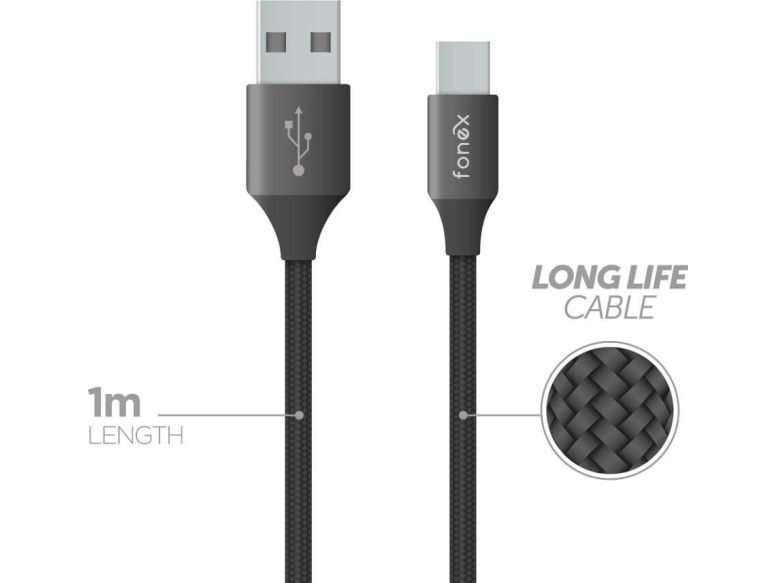 Data Cable Usb To Type-C 12W Fabric 1M By Fonex Juodas
