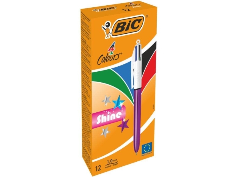 BIC 4 Colours Shine, Monitoimikuulakärkikynä, Monivärinen, 12 kpl, Keskikokoinen
