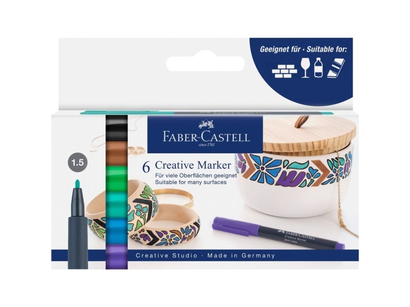 Faber-Castell Creative Marker, 6 kpl, musta, Sininen, Ruskea, Vihreä, Turkoosi, Violetti, Pyöreä pää, Monivärinen, Pyöreä, 1,5 mm
