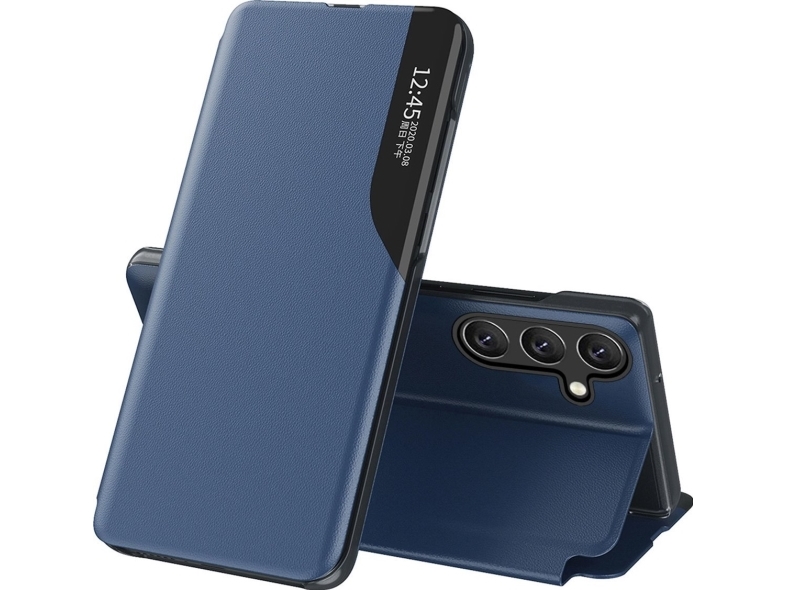 Eco Leather View Case För Samsung Galaxy S24 Fe Med Flipskydd Och Stativ Blå
