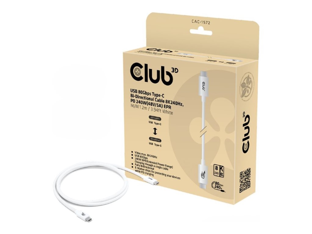 Club3d Usb 80Gbps Zertifiziert 240W 8K240hz Typ-C 1.2M / 3.94Ft Weißes Kabel