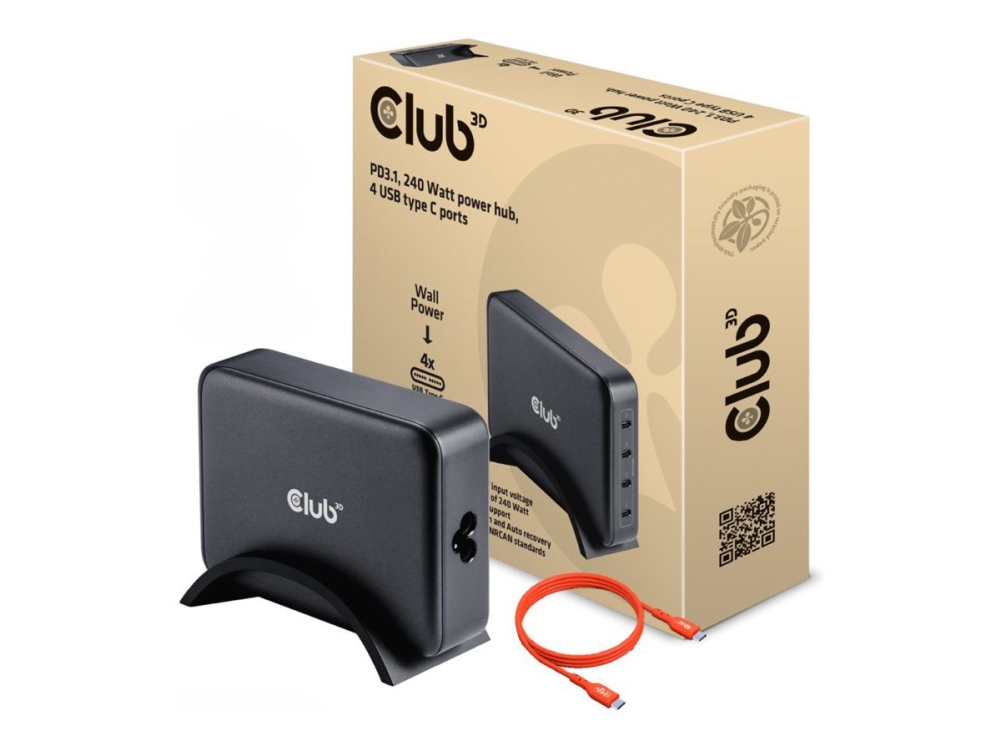 Club 3D - Strömadapter - GaN-teknik - 240 Watt - PD 3.1/PPS - 4 utdatakontakter (24 pin USB-C) | Tele & GPS - Batteri & Laddare - Laddare | GameStuff