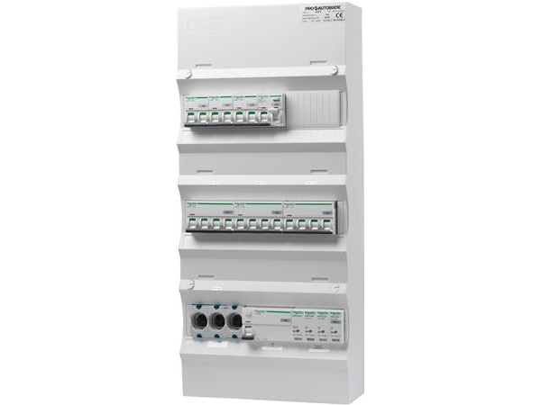 PRO-AUTOMATIC Ryhmäpaneeli valmiiksi asennettuna UG18 Valkoinen, D02, 1xHPFI 40A 30mA, 3xC10 1P+N, 1xC10/30mA 1P+N, 2xC13 3P+N, 1xC16 3P+N, 1xTransientti