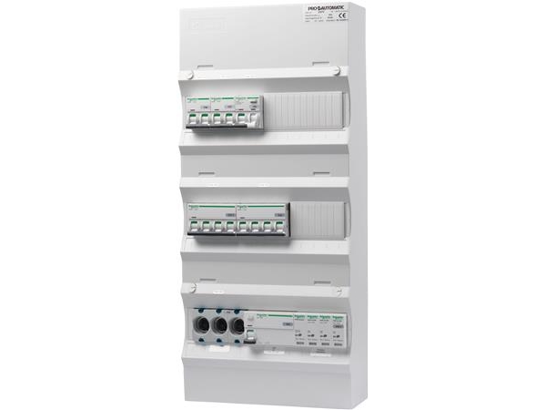 PRO-AUTOMATIC Ryhmäpaneeli valmiiksi asennettuna UG18 Valkoinen, D02, 1xHPFI 40A 30mA, 2xC10 1P+N, 1xC10/30mA 1P+N, 1xC13 3P+N, 1xC16 3P+N, 1xTransientti