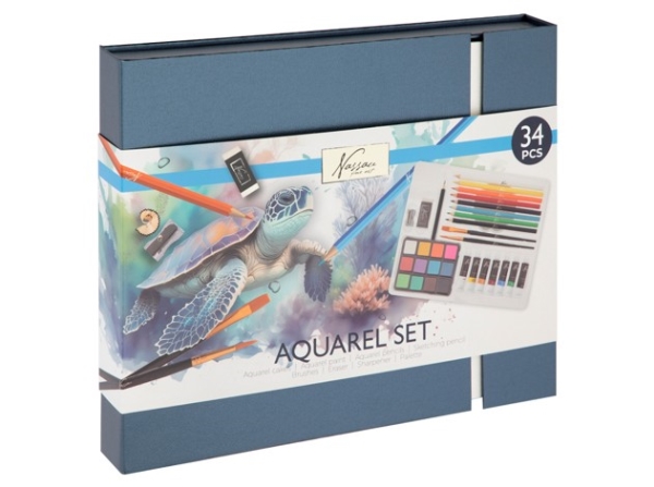 Vesivärisarja, jossa 34 kappaletta laatikossa