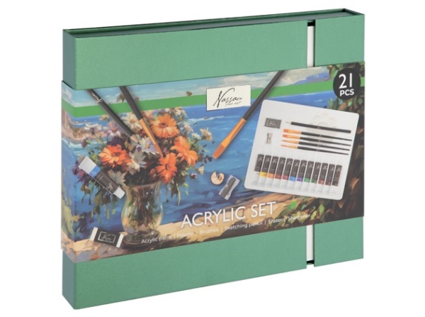 Akryylisarja, jossa 21 kappaletta laatikossa