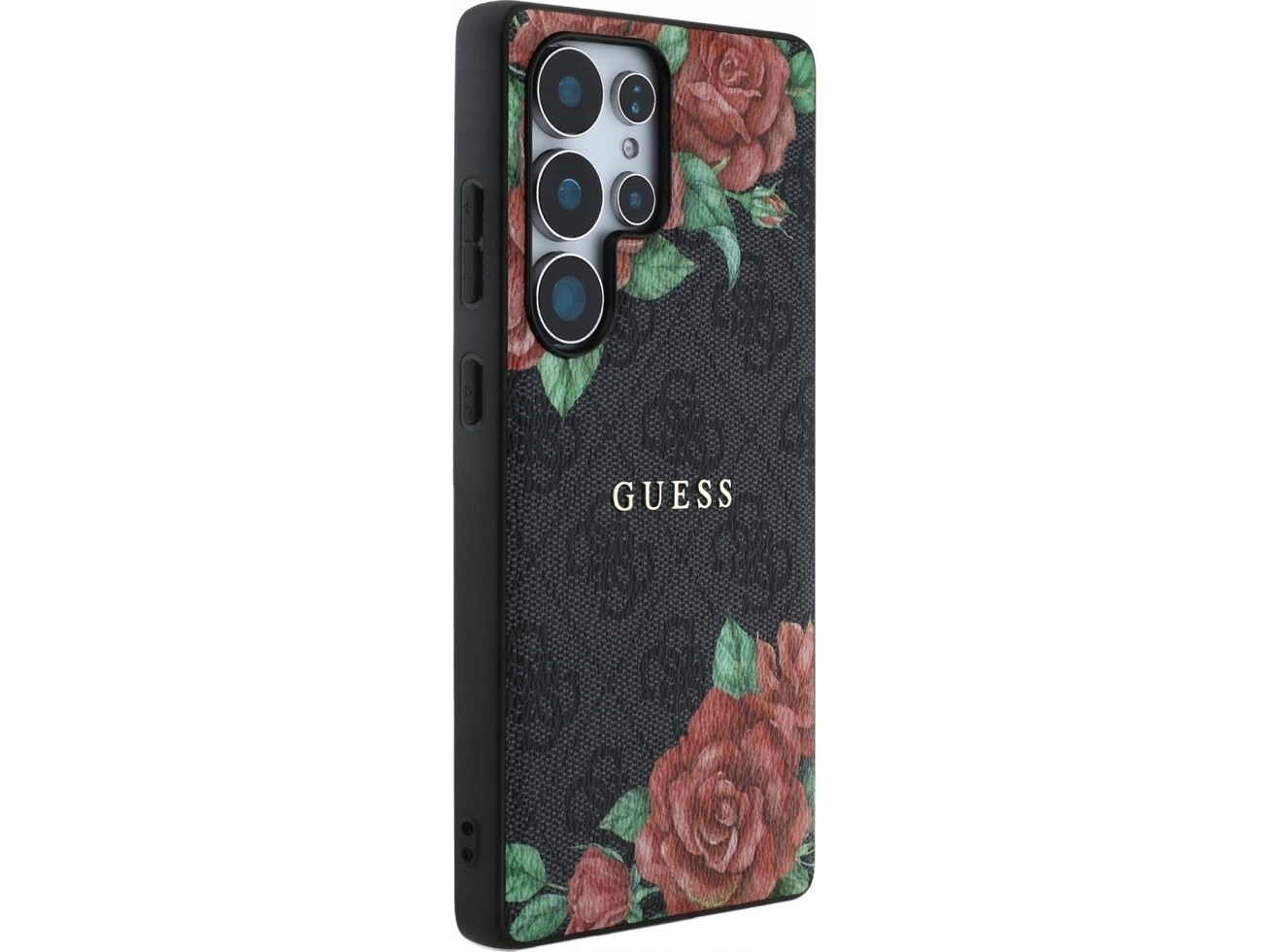 Guess Lader 4g Blommor Tryck Metall Klassisk Logotyp Magsafe Samsung Galaxy S25 Ultra Mobilskal Svart