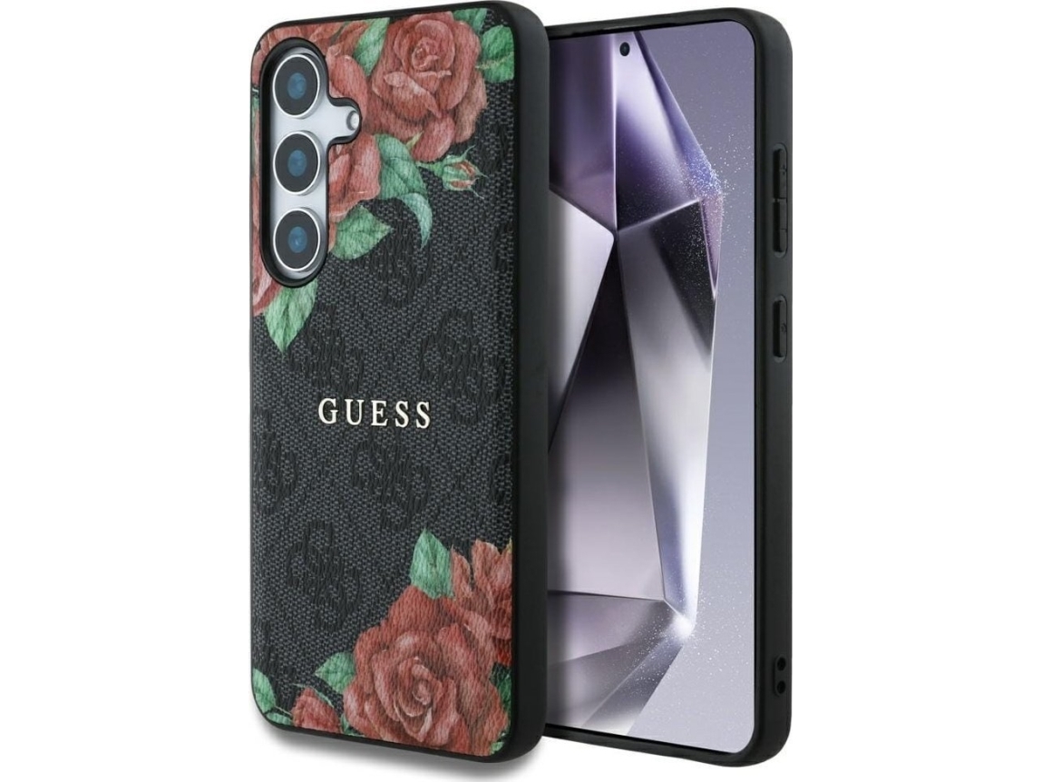 Guess Lader 4g Blommor Tryck Metall Klassisk Logotyp Magsafe Samsung Galaxy S25 Mobilskal Svart
