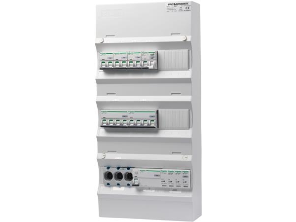 PRO-AUTOMATIC Ryhmäpaneeli valmiiksi asennettuna UG18 Valkoinen, D02, 1xHPFI 40A 30mA, 3xC10 1P+N, 1xC10/30mA 1P+N, 1xC13 3P+N, 1xC16 3P+N, 1xTransientti