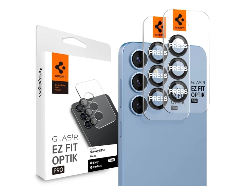 Spigen Glas.Tr Ez Fit Optik Pro, Samsung, Galaxy S25 Plus, Støvresistent, Ridseresistent, Sort, Transparent, 2 Stk