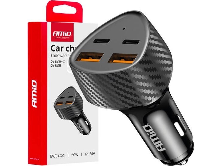 Biloplader 50W 2X Usb-A + 2X Usb-C Amio-04284