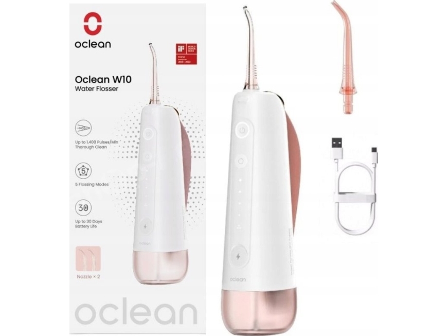 Oclean W10 Munddusche + 2 Bürstenköpfe, Weiß/Rosa