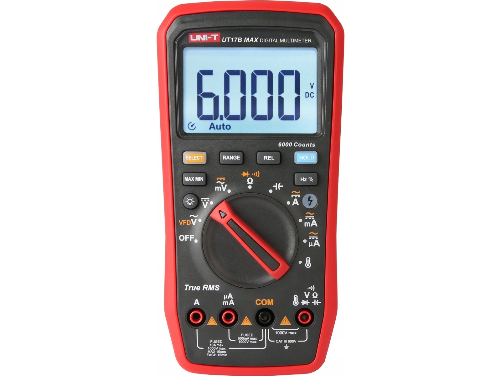 Skaitmeninis multimetras, TRMS, CATIII 600V, 600.0mV-1000V AC/DC, VFD, 600.0µA-10A AC/DC, 60.00MOm, 6000µF, 10MHz, -55C~500C, 6000, UNI-T