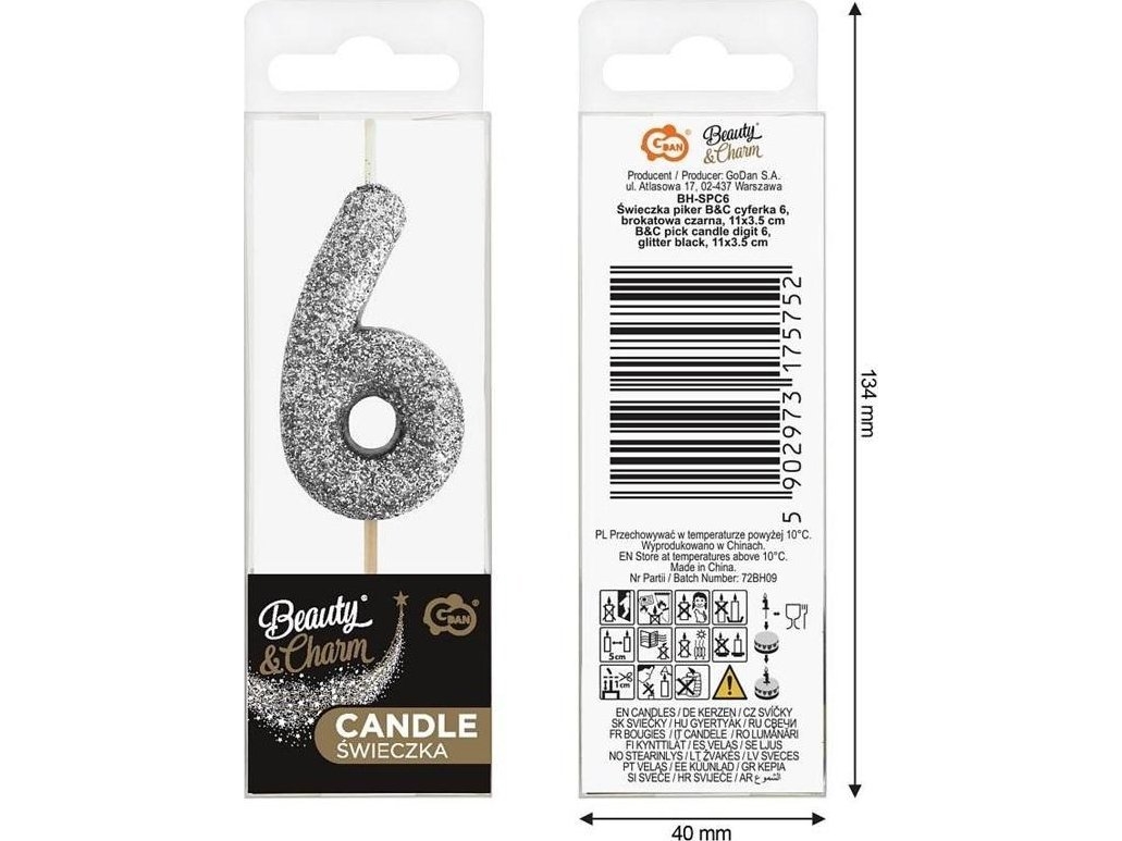 GoDan Lysestake/lysplugg 6 svart glitter 11x3.5 cm