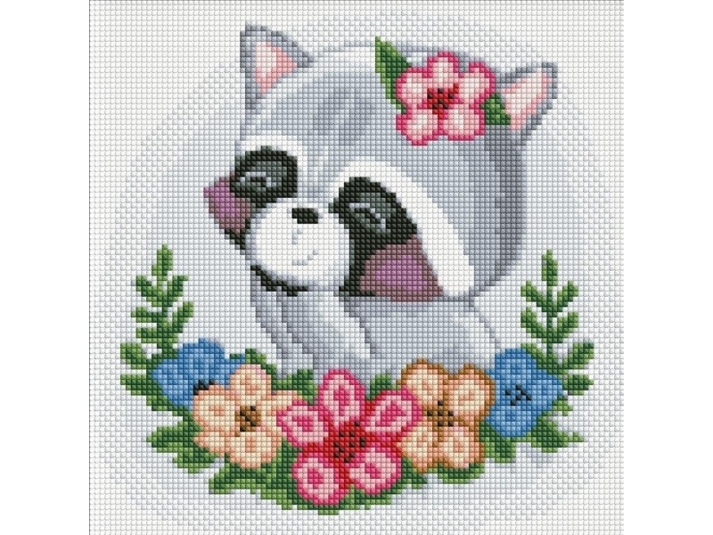 Rammeløs Diamantmosaik - Blomstervaskebjørn 30X30