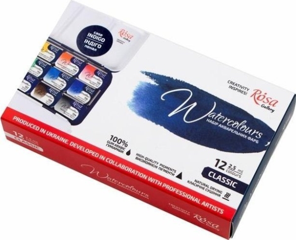 Akvarelfarver i terninger Classic 12 farver