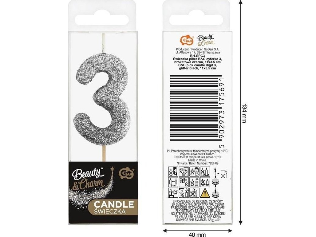 Lysplukker 3 sort glitter 11x3,5 cm