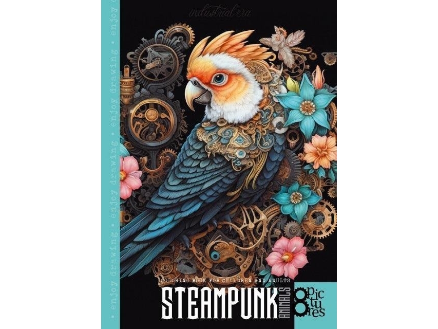 A4 coloring book 8 pictures Steampunk Parrot