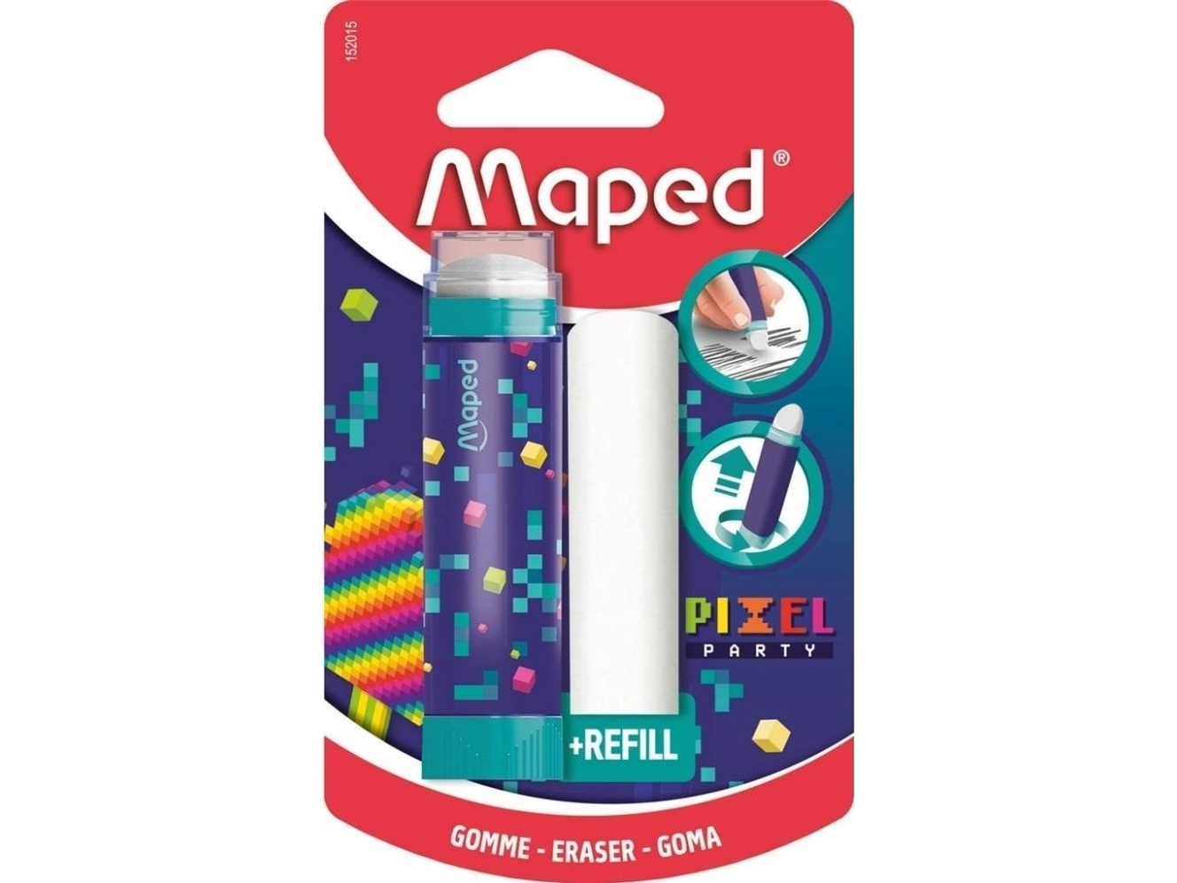 Maped viskelæder PIXEL PARTY + ekstra viskelædere, blister i læbestiftformat, viskelæder ud via drejesystem, 1 stk (152015)
