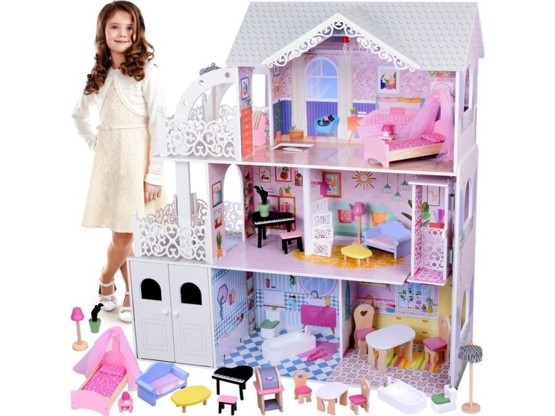 Dukkehus i træ med stort azurblåt tag + elevatør/garage/balkon møbler ZA5388 (1:??)