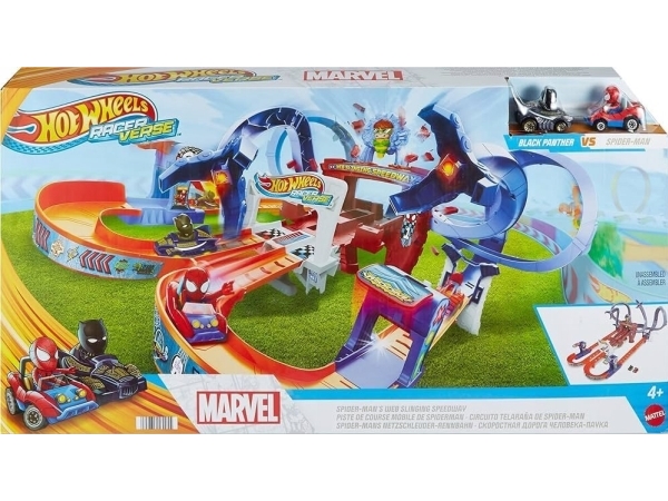 Hot Wheels Racer Verse RACERVERSE Spider-Mans spindelvævracerbanesæt, Køretøjs- og skinnesæt, 4 År, Plast, Metal, Flerfarvet