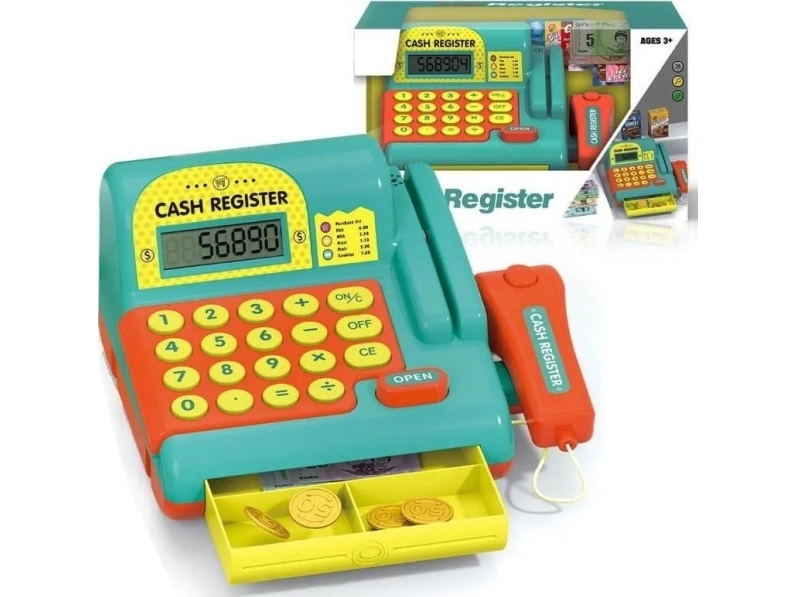 Kasseapparat med tilbehør til legebutik