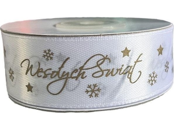 Satinbånd Glædelig jul 25mm hvid