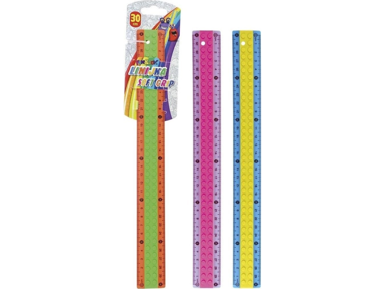 Lineal i gummieret plast, 30 cm, tofarvede blokke