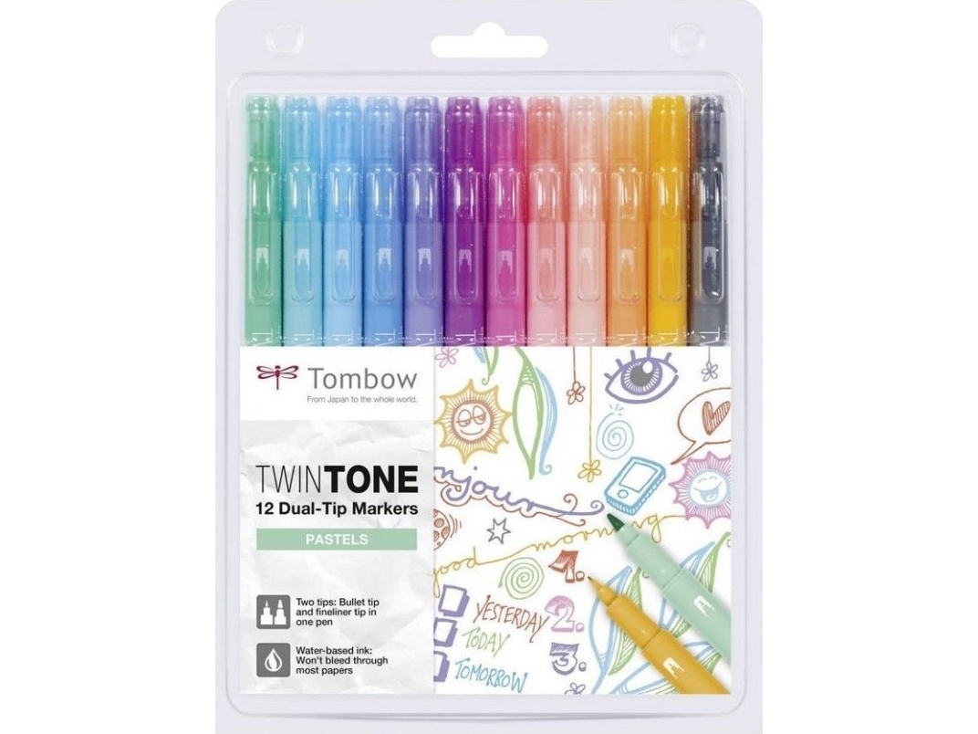 Tombow Twintone Pastels, 12 Stk, Sort, Blå, Brun, Blå, Grøn, Orange, Lyserød, Rød, Violet, Gul, Fin/Projektilspids, Flerfarvet, Rund, Blister