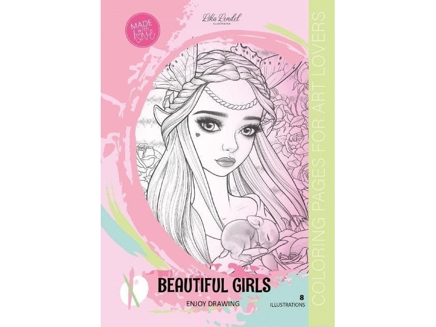 Farvebog A4 med 8 billeder, Beautiful Girls, pink