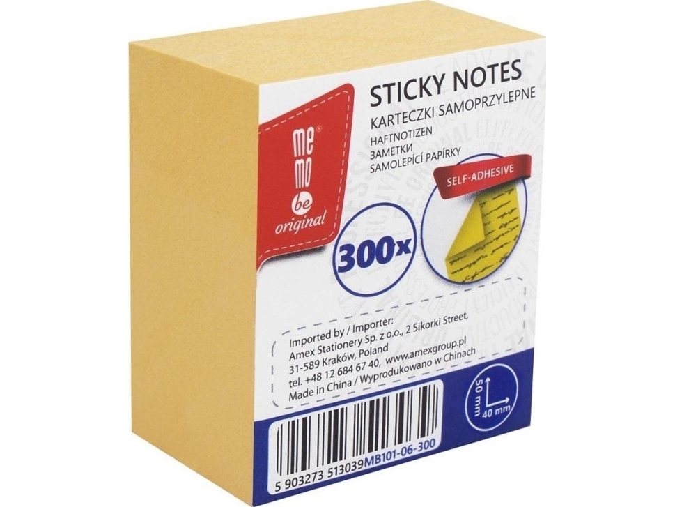 MemoBe selvklæbende blok 40x50 mm 300K gul MemoBe