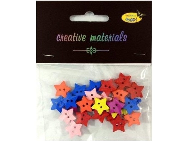 Træ knapper farvede stjerner 15mm 6g ca 30stk