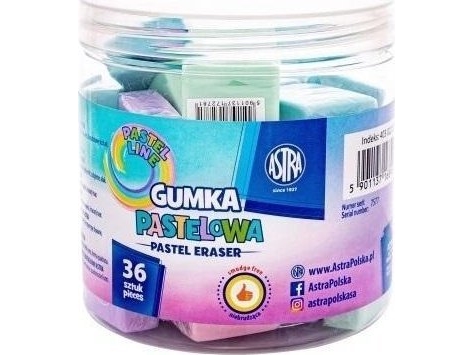 Nelikulmainen pyyhekumi pastelli 28x28mm (36kpl) ASTRA