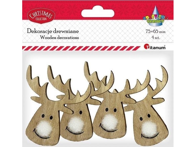 Wooden reindeer heads with pom-pom nose 4pcs