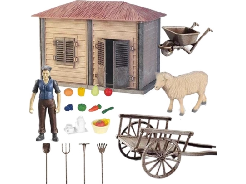 Grosser Bauernhof Bauernhaus Bauer Schafe Landwirtschaft Werkzeuge Schubkarren