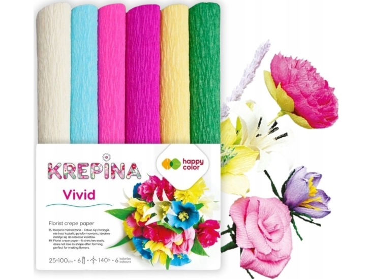 Krepbånd/krêpepapir 25x100 cm tyk, mix 6 farver Vivid HA 3650 2510 - MIX V HAPPY COLOR