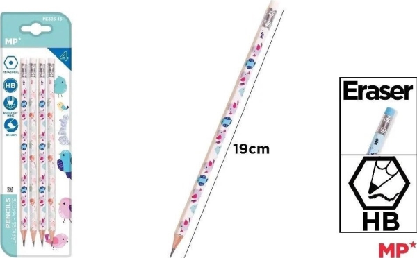 Hb Radierbleistift 4 Tlg. Vögel