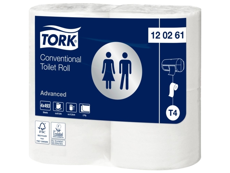 Toilettenpapier, Tork T4 Advanced, 2-Lagig, 61,6M X 9,9Cm, Ø12cm, Weiß - (6 Stk.)