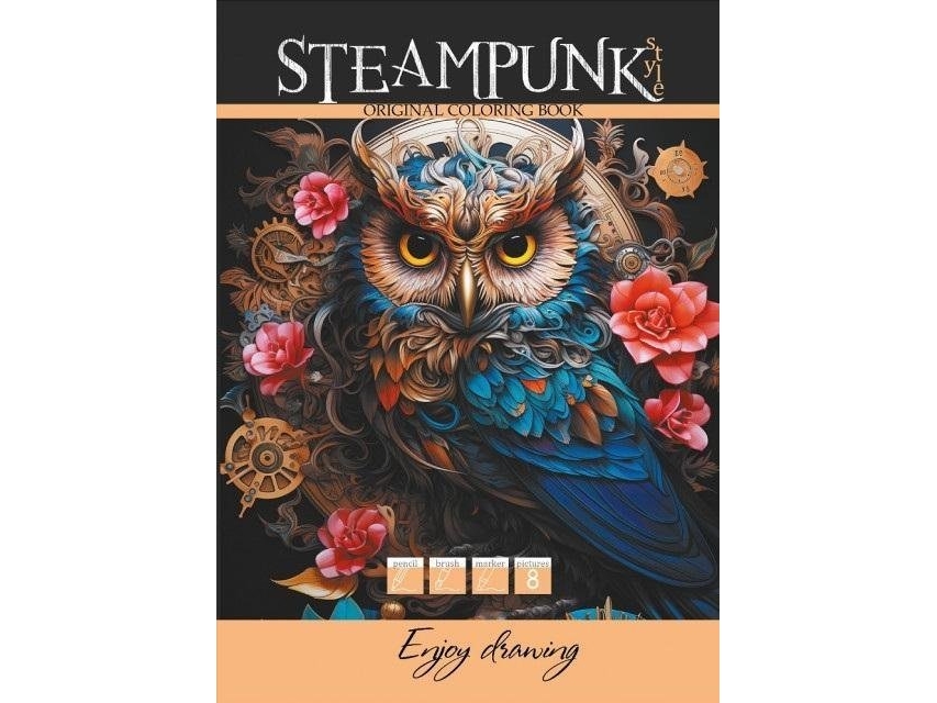 Malbuch A4 8 Bilder Steampunk Eule